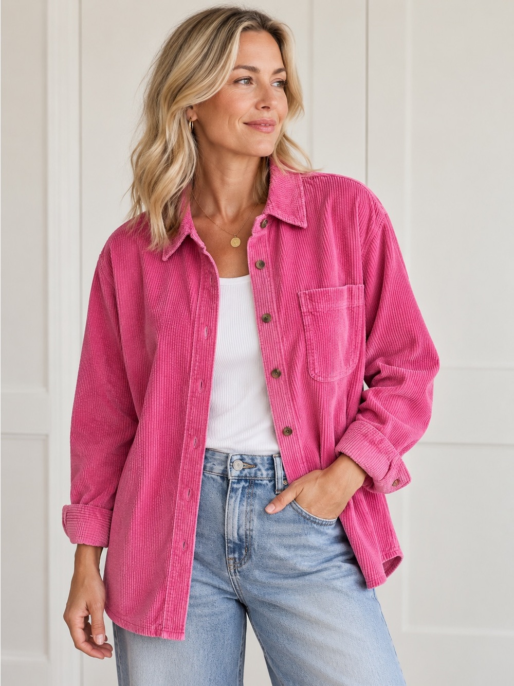L.L.Bean Pink Corduroy Button Front Overshirt Shirt Jacket XL 100% Cotton